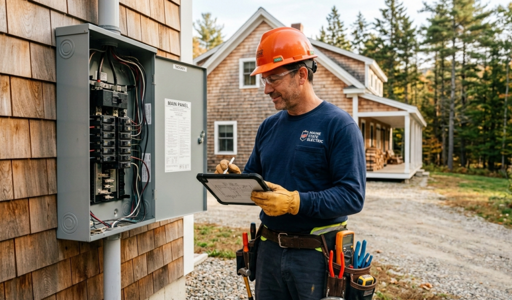 Licensed electrician inspecting main electrical panel at a home in Porter, ME